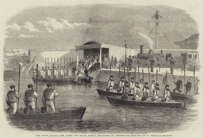 La rassegna navale, la Regina e la Famiglia Reale che si imbarcano a Portsmouth da Robert Thomas Landells